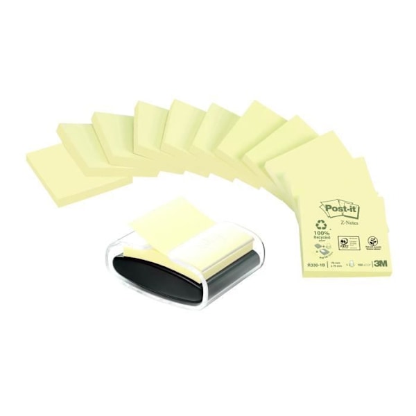 Pack med gult z-notes Post-It 76 x 127 mm + dispenser