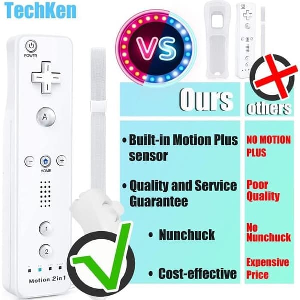 Spelkontroll - TechKen - 2 delar Wii-kontroll - Bluetooth - Vibration - Silikonfodral Vit