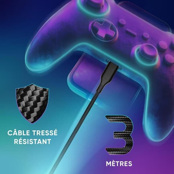 USB-kabel - Oniverse - Micro USB - 3m - Snabbladdning 2.4A - Kompatibel med PS4, Xbox One, Android, PC - Svart Svart