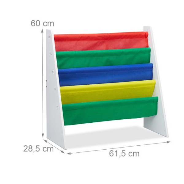 Relaxdays Barnhylla, Bibliotek sovrum, Hylla för bokförvaring, MDF + Polyester, 4 fack, flerfärgad vit, grön, röd