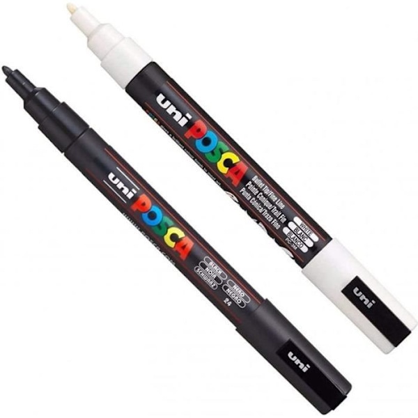 Markörer - POSCA - PC-3M - Set med 2 - Extra fin spets 3 mm - Outplånlig - Opak Svart vit
