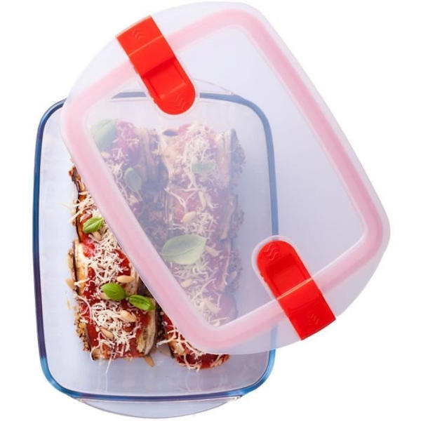 Rektangulär låda med lock - PYREX - 1451025 - 28 x 20 cm - 2,5 L - Cook & Heat - Bas i borosilikatglas klar och röd