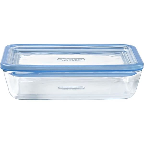 Set med 3 Förvaringslådor med lock - PYREX - Zero Plastic - Glas - Rektangulär - 0,8/1,5/2,6 L klar och blå