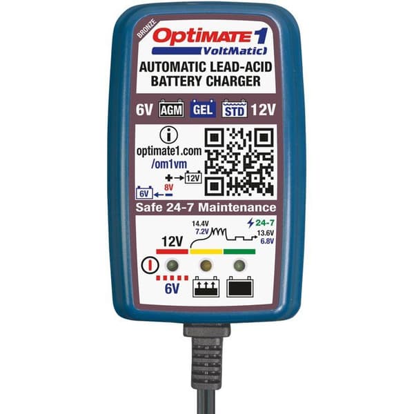 Batteriladdare - OPTIMATE - 1 VOLTMATIC - 6 V och 12 V - AGM/GEL/STD-batterier - Ström 0,6 A blå