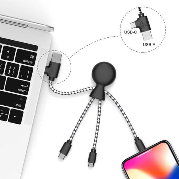 Multikontakt USB-C/USB/Lightning/Micro USB Laddningskabel i återvunnen plast Mr Bio Black