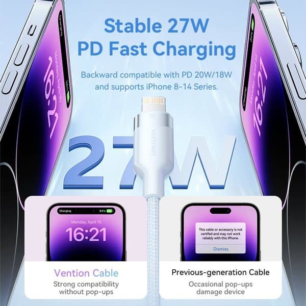 Lightning USB-C-kabel - Vention - 2 M - Snabbladdning 27 W - 480 Mbps - Nylonflätad - Tinsad kopparledare
