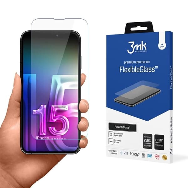 Skyddsglas - 3MK - FlexibleGlass - iPhone 15 - Rep resistant - Optimal skydd