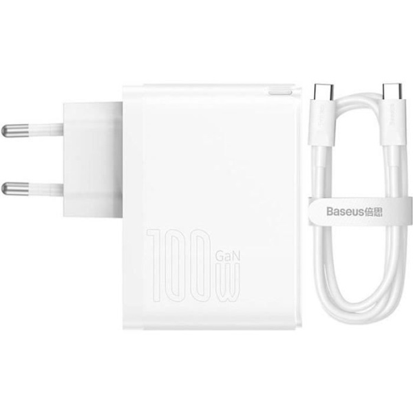 Nätadapter 1x USB-A-port + 1x USB-C-port 100W + USB-C-kabel 1m Baseus GaN5 Pro - vit - TU