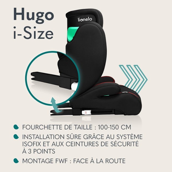 Bilstol för spädbarn LIONELO Hugo i-Size - ISOFIX - 100-150 cm - Grupp 2/3 - Höjdjusterbart nackstöd - Svart Svart