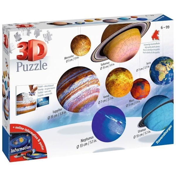 3D Pussel Solar System - Ravensburger - 8 planeter - 522 bitar - Från 6 år gammal Flerfärgad