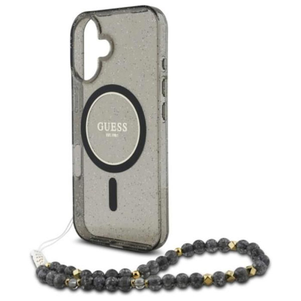 Coque Guess IML Glitter med pärlarmband MagSafe för iPhone 16 (Svart)
