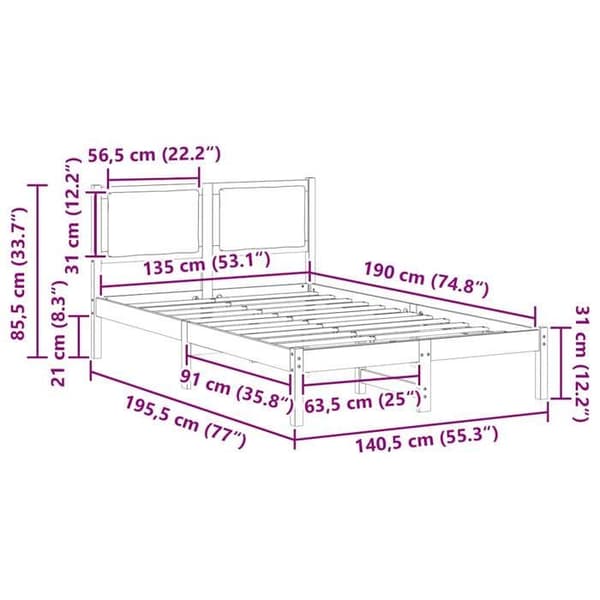 vidaXL Sängram Ljusgrå 135 x 190 cm Massivt trä 878129