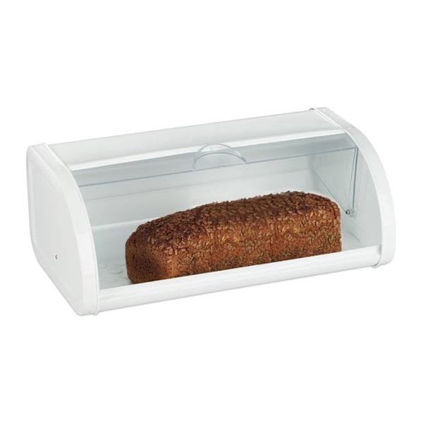 Relaxdays White Bread Box, förvaring av färskt bröd, bakverk, transparent skjutlock, stål, vit Vit