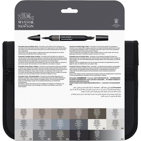 WINSOR & NEWTON Promarker svart och grå plånbok - 24 st Palett med 148 nyanser