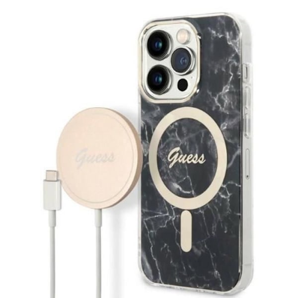 Guess Bundle Pack MagSafe IML Marble - Set fodral för iPhone 14 Pro Max + MagSafe laddare (svart/guld) - 3666339103149