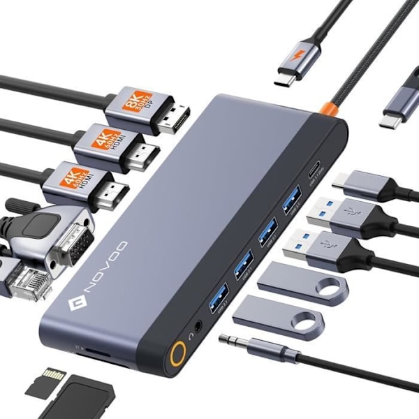 USB C-dock - NOVOO - 14-i-1 - Dubbel 4K-monitor - 100W PD - 5 USB-portar