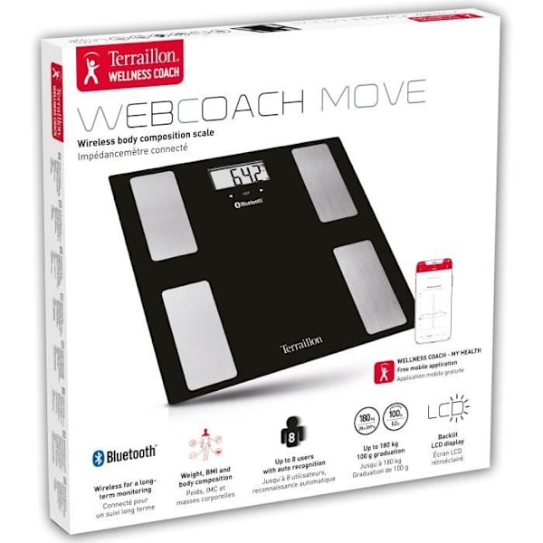TERRAILLON - Web Coach Move ansluten impedansmätare - Kroppsmassaanalys - glasskiva - 8 minnen