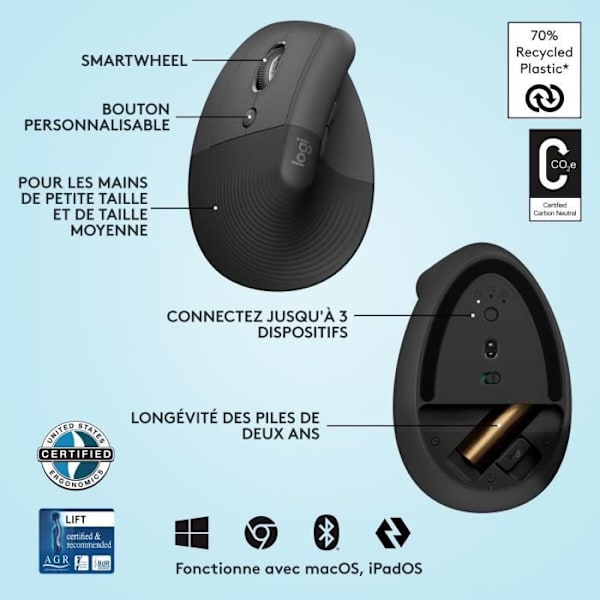 Ergonomisk mus - Trådlös - Logitech - Lyft - Vänsterhänt - Grafit