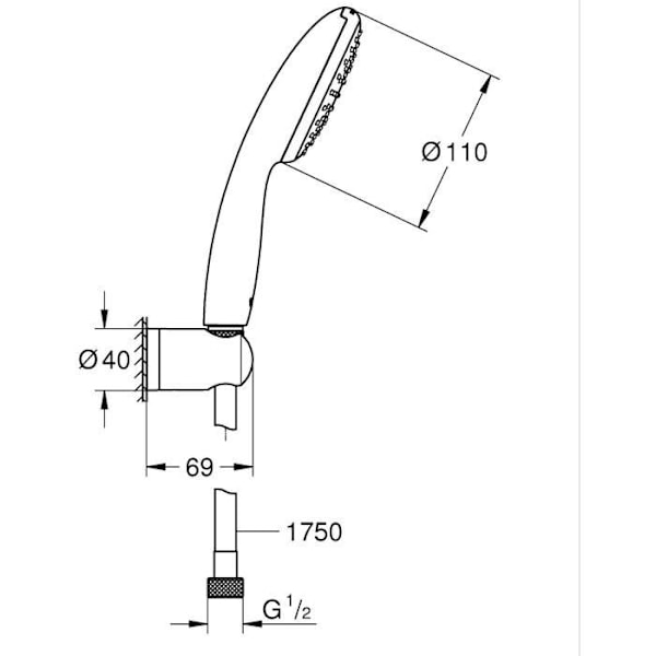 Duschset med 1-stråle regnduschhuvud, stöd och 1,75 m slang - GROHE Vitalio Start 110 27944001 - Vattenbesparing