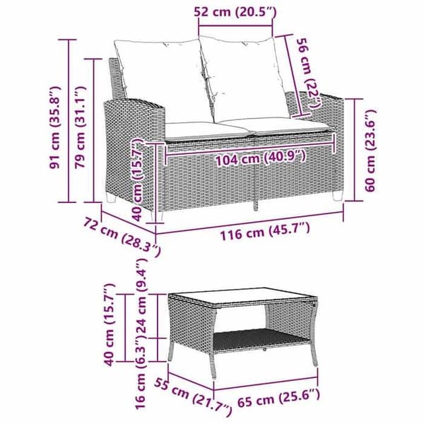 vidaXL Trädgårdssoffa 2-sits med kuddar och bord beige flätad resin 4103848