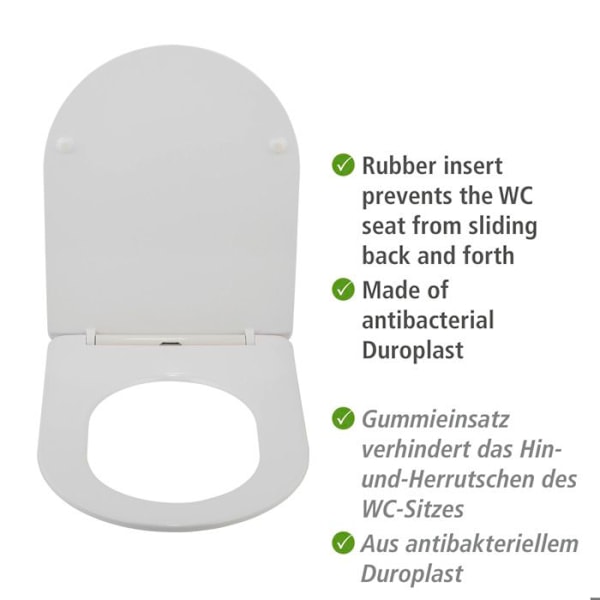 WENKO Toalettsits ultra tunn GALATI | Anti-bakteriell duroplast | Mjuk stängning | Avtagbar, lätt montering | Vit | 36x46 cm Matt vit