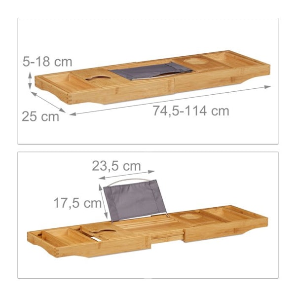 Relaxdays utdragbar badkarsbrygga Bambu badkar 2-i-1 badrumshylla, justerbar 74,5 -114 cm, natur ljusbrun