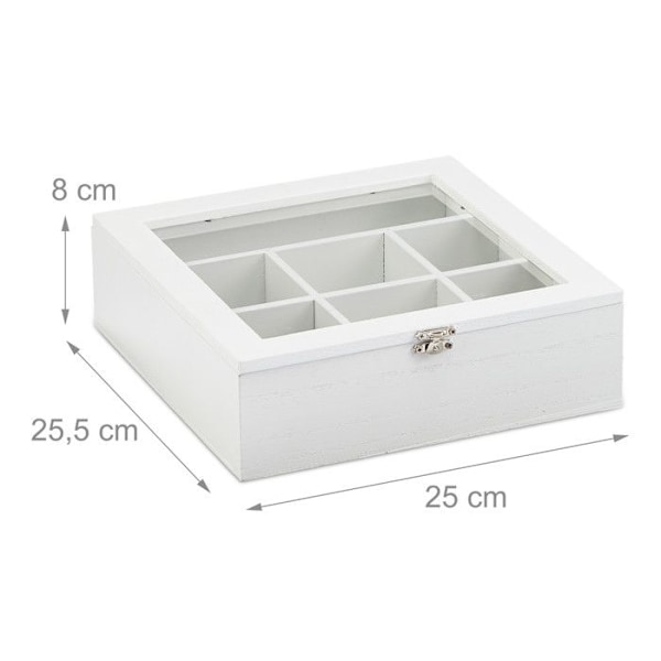 Relaxdays Te-box, trädeffekt, 7 fack för förvaring av tepåsar, presentkartong med fönster, HxBxD: 8x25x25,5 cm, vit vit, transparent, silver