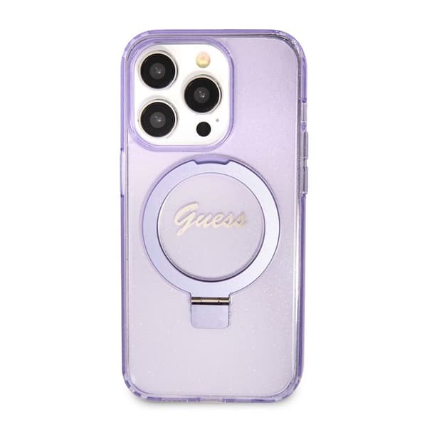 Coque Guess Ring Stand Script Glitter MagSafe för iPhone 15 Pro - Lila Lila