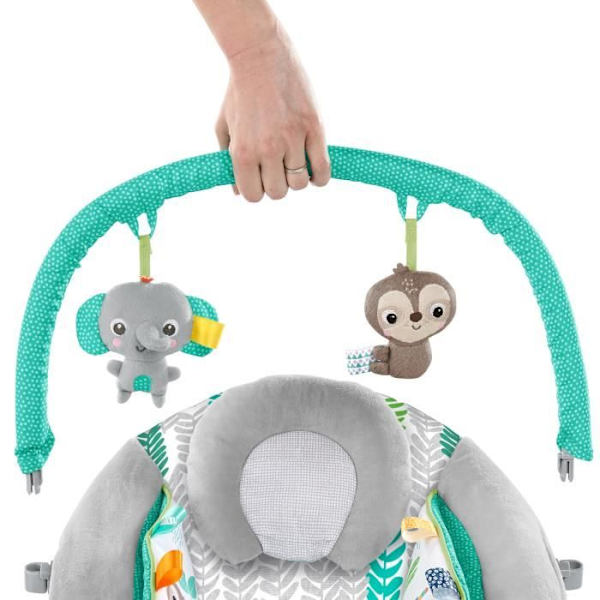 BRIGHT STARTS Jungle Vines Baby Bouncer, lugnande vibrationer, avtagbar leksaksstång, upp till 9 månader Grå, grön och blå
