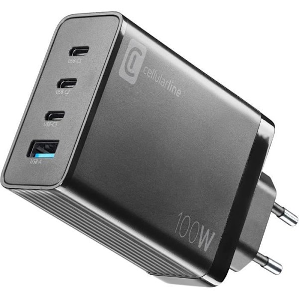 Laddare för vägguttag 100W - Cellularline - Nano GAN 100W - 4 portar - USB-C - Batteriskydd Svart