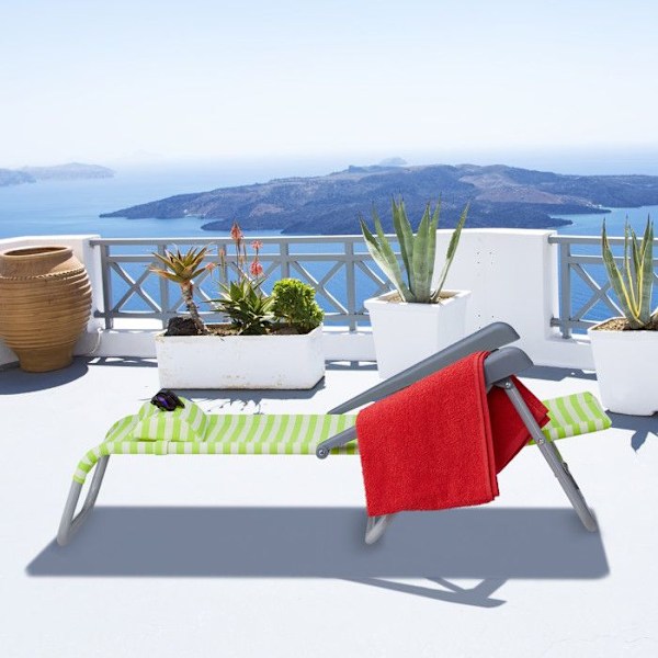 Relaxdays fällbar chaise longue, 8 justerbara nivåer, strandstol med huvudstöd, armstöd, grön/vit vit, grön, silver
