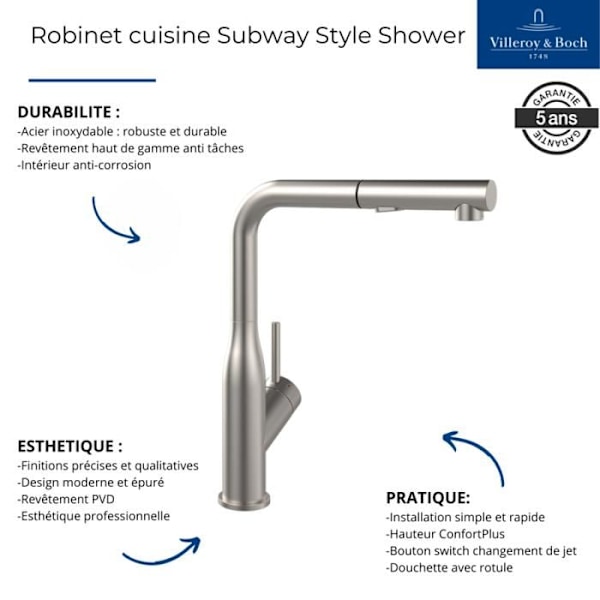 Kökskran - VILLEROY ET BOCH - Subway Style Dusch - Rostfritt stål - Svängbar - Modern design Grå massiv