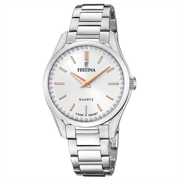 Damklocka - FESTINA - Modell i oxidstål - Armband i rostfritt stål - Klar urtavla - Chic stil Vit