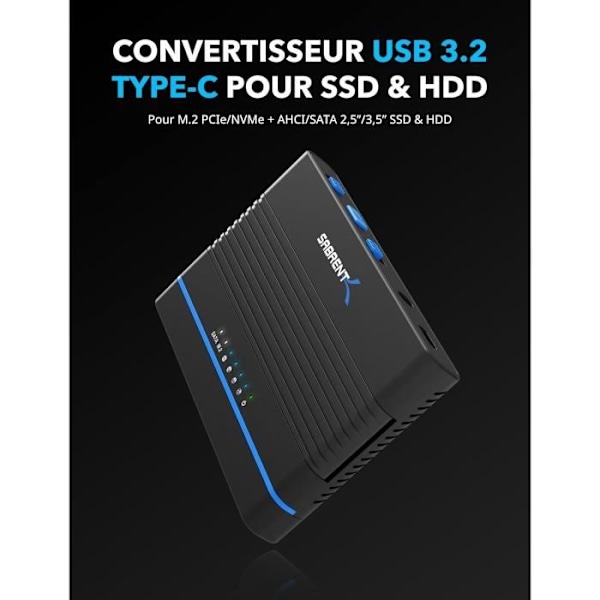 SABRENT 2 i 1 SSD/HDD SATA 2,5/3,5 och M.2 NVMe till USB 3.2, USB-C Hårddiskstation, Extern Hårddisklåda