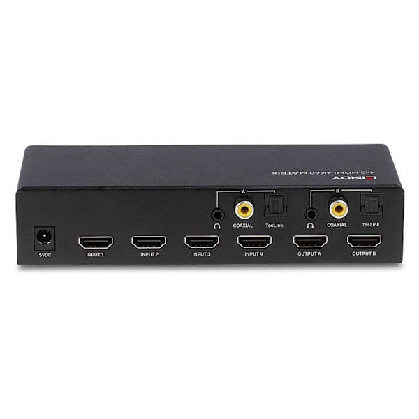 HDMI-switch - LINDY - 4K 60Hz - 4 ingångar - 2 utgångar - Optisk och analog ljud