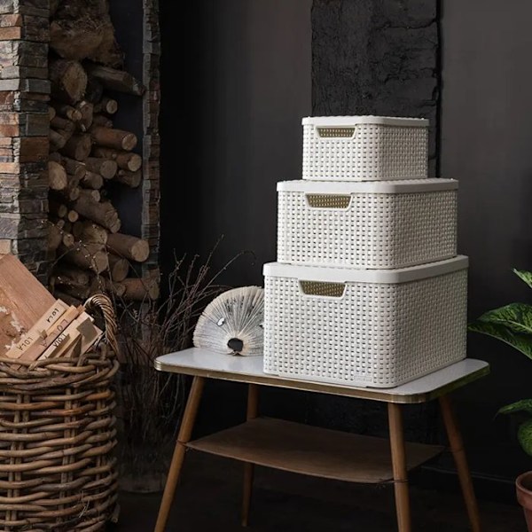 Curver Rattan Basket Style Förvaringslåda med lock, plast, ljusgrå, L: 44,5 x 33 x 24,8 cm ljusgrått