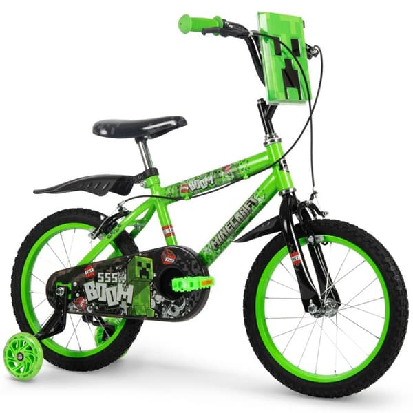 Barncykel - Huffy - Minecraft 16" - Fram- och bakbromsar - Creeper-skylt - Grön