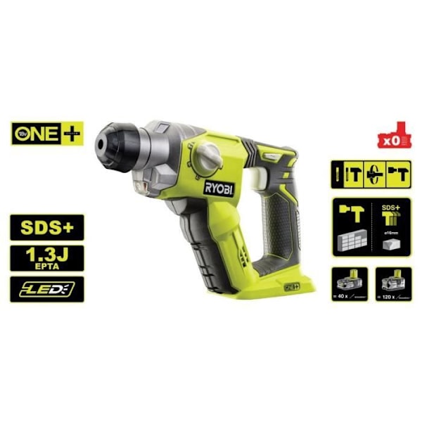 RYOBI - SDS+ 18V ONE+ borrhammare - 4 lägen: borrning, perforering, mejsling, flytande mejsling - 1,3 Joule Epta - R18SDS-0 Grön / Träkol