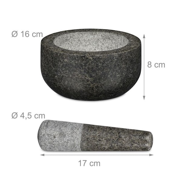 Relaxdays Mortel i granit med stöt, robust, för kryddor, örter, mortel i polerad sten, d. 16 cm, 400 ml, grå antracit, grå