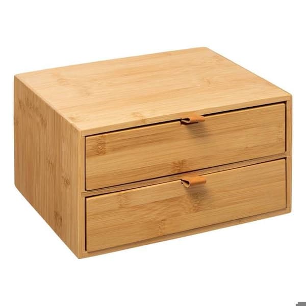 Låda med 2 lådor i bambu och läderremmar beige