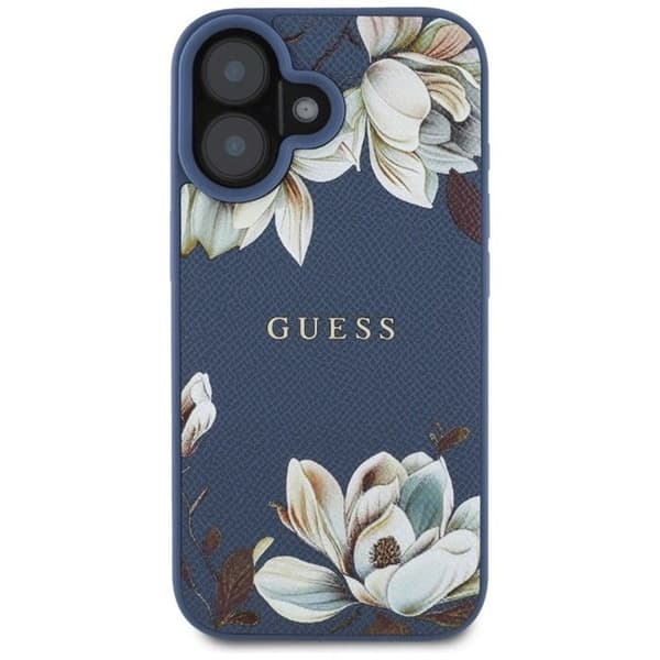 Coque Guess Grained Flower Printed MagSafe för iPhone 16 (blå) blå