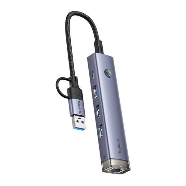 USB-hub 4 i 1 - BASEUS - UltraJoy - Ingång USB-A/USB-C - 3×USB 3.0 - USB-C + RJ45 (grå)