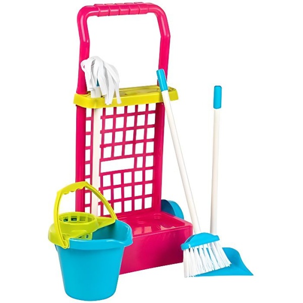 COLORBABY 40594 Rengöringsvagn låtsaslek med hink, kvast, sopskyffel och mopp. Blå röd hink 43282 Blå röd