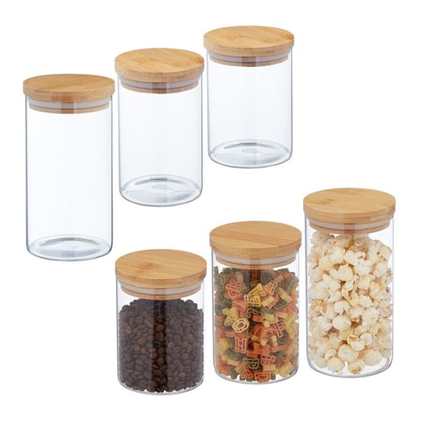 Relaxdays Set med 6 glasburkar med bambulock, 650 ml, 800 ml och 1 l, lufttät, transparent/naturlig transparent, ljusbrun