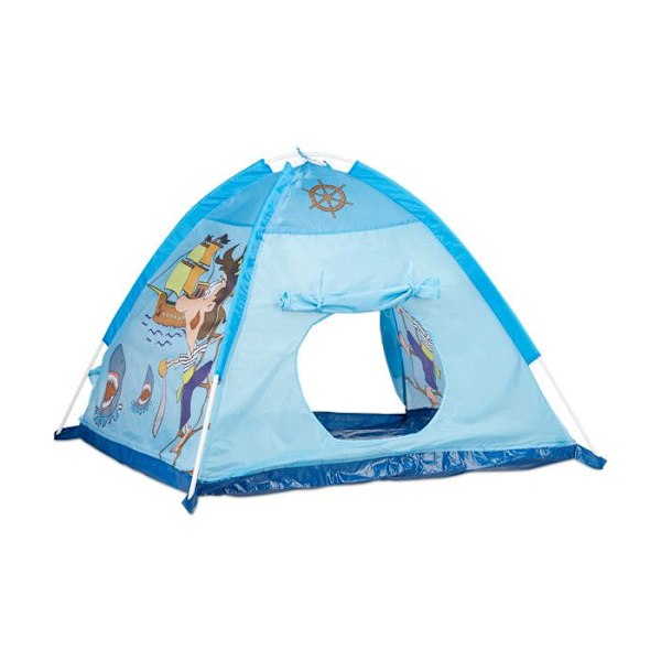 Relaxdays barntält inomhus pojke flicka lektält utomhus pirat pop-up 3 år gammal HxBxD:90 x 118 x 115 cm, blå Ljusblå