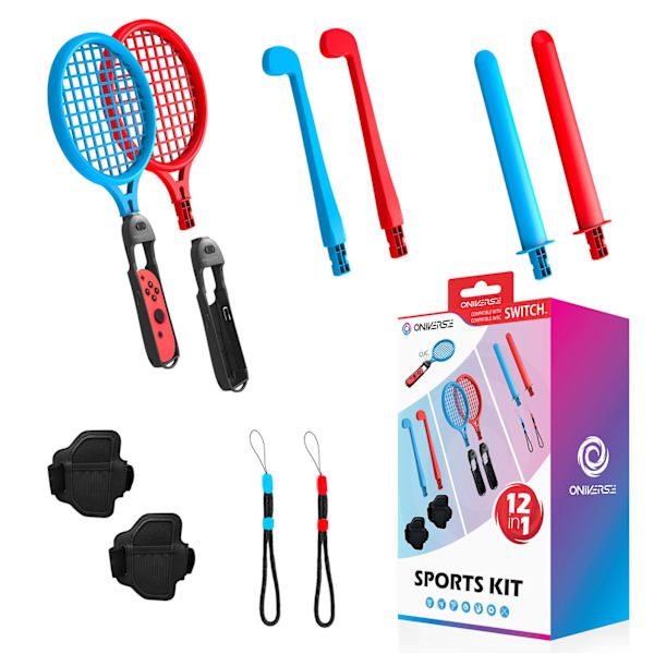 Oniverse 12 i 1 Nintendo Switch Sports-kompatibla tillbehörspaket med handledsremmar, racketar, Chanbara-svärd, golfklubbor