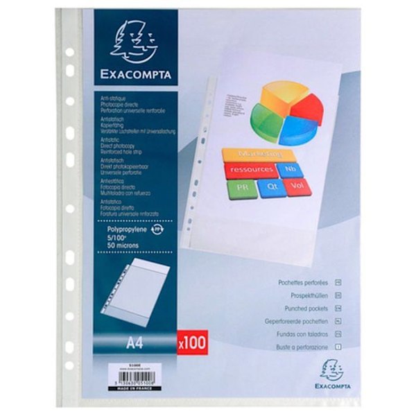 Hålslagna fickor - EXACOMPTA - Strukturerad polypropen 5x100e - Transparent - Format A4 Transparent