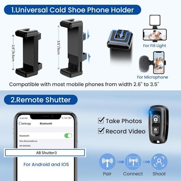 Smartphone-stativ - Victiv - 162 cm - Lätt aluminium - Fjärrkontroll - 3-vägs roterande huvud