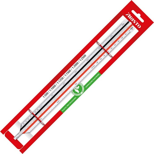 Triangulär linjal - Kutch - Reduktionsskala 1:500 1:1000 1:1250 1:1500 1:2000 1:2500 - Aristo