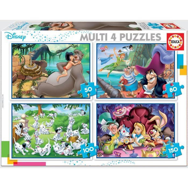 Disney Pussel - EDUCA - Multi 4 In 1 Classics - 50 till 150 bitar - Aladdin, Jungle, Peter Pan, Alice